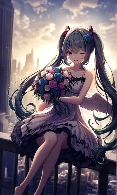 1girl, solo, flower, dress, long hair, white dress, sky, wings, very long hair, barefoot, bouquet, floating hair, cloud, twintails, smile, sleeveless, holding, one eye closed, sitting, bare arms, outdoors, holding bouquet, white flower, hair ornament, back...