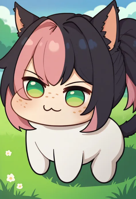 score_9, score_8_up, score_7_up BREAK solo, xivmc, cat girl, doro, creature, :3, chibi, no humans, white skin, solid circle eyes, no pupils, four legs, animal ears, two-tone hair, green eyes, freckles, tail, smug, from side, outdoors, grass, sunny, day, su...