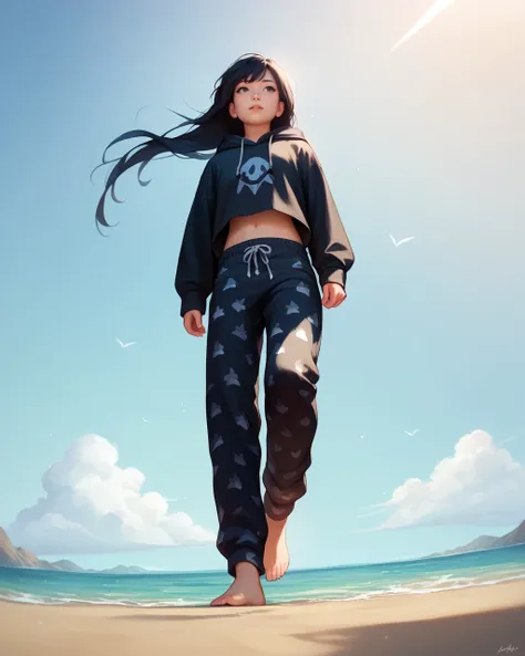 1girl, solo, sfw, <lora:EmiPonyXLdense:1>, black eyes, long hair, black hair, walking on the beach, black hoodie, from below, barefoot, midriff, printed pajama pants, score_9, score_8_up, score_7_up, score_6_up, best quality, masterpiece