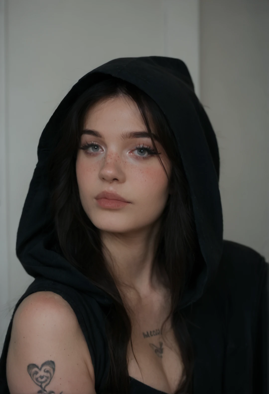 score_9, score_8_up, score_7_up, M1lkG0re, 1girl, solo, long hair, looking at viewer,black hood, black hair, upper body,freckles, realistic, tattoos
