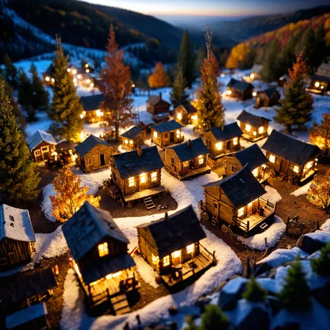 (aerial view:1.1), (wide angle lens:1.2), (toy camera effect:1.4), (tilt-shift effect:1.4), (miniature model:1.4) 1840s old west mining shanty camp, autumn colors, highly detailed, view from above, winter, night time, darkness, backlit, light particles, wa...