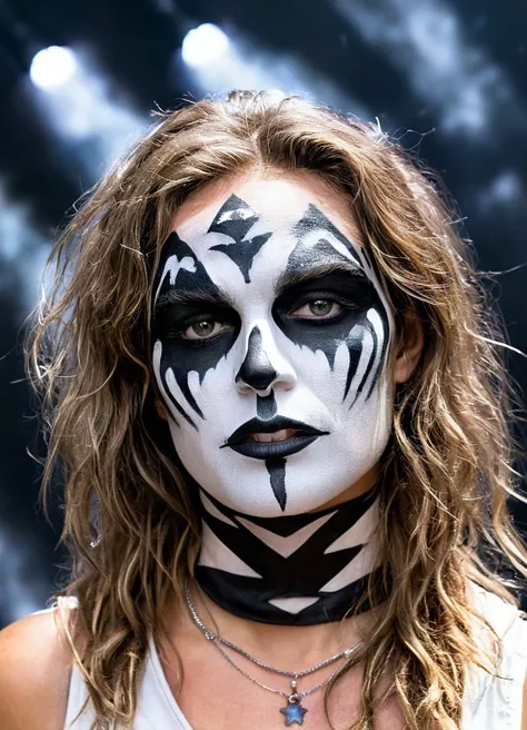 <lora:Tove Lo-000007:1>, ((tdptvl woman)), wearing KISS black and white makeup, on stage,  space fragmentation, messy hair, serious, glowing hand, surreal, upper body, dynamic pose, Travel through time and space, Heavy Metal theme, ultra highres, sharpness...