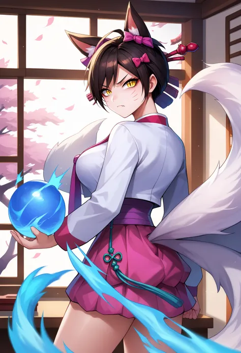 score_9,score_7_up, ahridynasty, animal ears, facial mark, fox tail, multiple tails, white tails, short hair, black hair, large ...