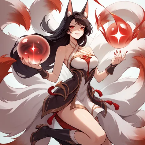 score_9, score_8_up, score_7_up,  ahririsen, 1girl, solo,  animal ears, facial mark,  long hair, black hair, red eyes, large breasts, red nails, dress, halterneck, bare shoulders, cleavage, fox tail, multiple tails,   <lora:Ahri_RisenLegend_pdxl_Incrs_v1:1...