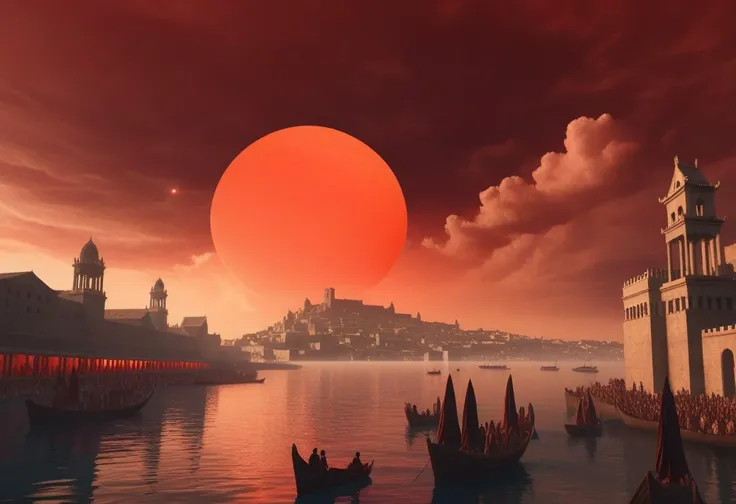 busy and crowded ancient city that slops towards a protected port, witches watching a small partialy obscured bright solid red featureless orb in the sky, ghosts rising from various spots in city, huge orange clouds in distance, novuschroma28 style, reflec...