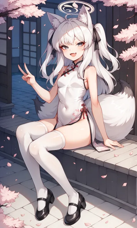 score_9, score_8_up, score_7_up, score_6_up, score_5_up, score_4_up, BREAK source_anime, 1girl, solo, outdoors, street, cherry blossoms, cowboy shot, sitting, looking at viewer, kuzunoha, grey eyes, thick eyebrow, white hair, parted bangs, long hair, two s...