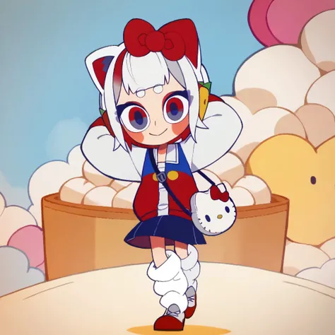 score_9, score_8_up, score_7_up BREAK HKGrl, 1girl, white hair, white bob cut, red gray eyes, pink cheeks, red hair bow, apple hairclips, white red cat ears, open white blue red yellow-button jacket, white buttoned undershirt, pleated dark blue skirt, long...