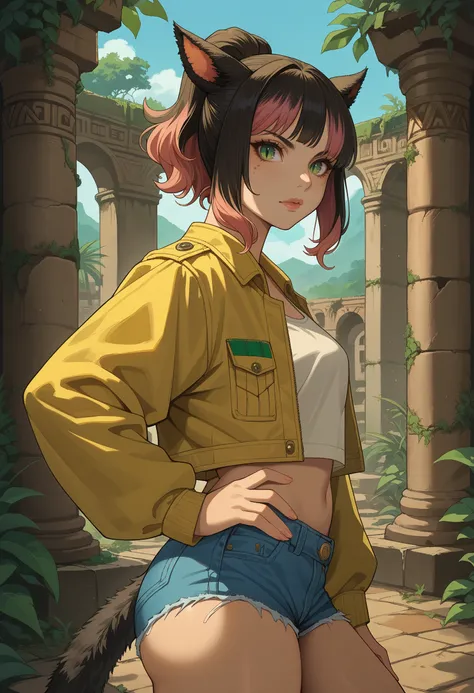 score_9, score_8_up, score_7_up BREAK solo, 1girl, xivmc, cat girl, animal ears, two-tone hair, green eyes, slit pupils, tail, yellow jacket, jean shorts, looking at viewer, from side, hand on hip, outdoors, aztec ruins <lora:clamXIVMC_locon-000001:1>