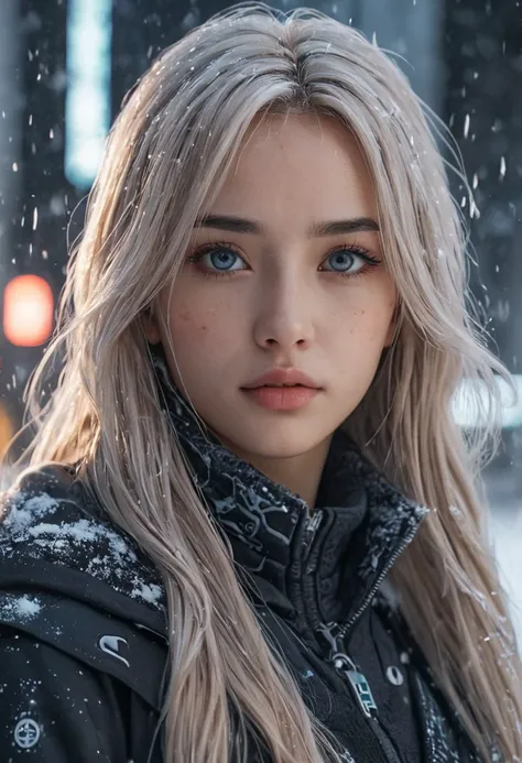 blond woman with blue eyes and long hair in the snow