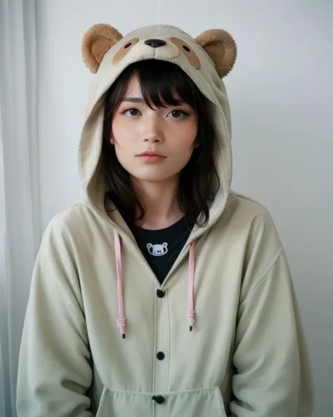 1girl, solo, sfw, <lora:EmiPonyXLdense:1>, realistic, bear onesie, black eyes, score_9, score_8_up, score_7_up, score_6_up, UHD, best quality