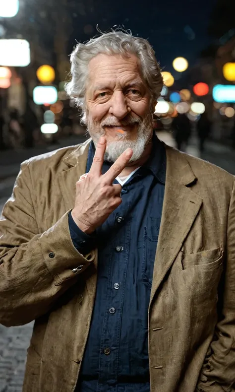 real life photo,rating_safe,score_9, score_8_up, score_7_up,portrait,clanb,grey hair,beard,solo,1boy,old man,male,brown coat,standing on street,Victory gesture,bokeh<lora:EMS-427474-EMS:1.000000>, <lora:EMS-398848-EMS:0.800000>