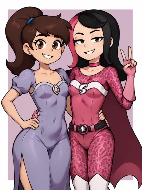 2girls <lora:marcoshezow:0.75>,mole under eye,looking looking at viewer, hand around waist,
BREAK 2girls, (marco diaz,dark-skinned male,brown eyes,puffy short sleeves, princess dress,purple dress,wide hips,brown hair,ponytail,smile,blush,hand on own hip, )...