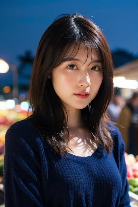 masterpiece, best quality, ultra-detailed, ultra high res, (photorealistic:1.4), raw photo, (realistic:0.2), 8k HDR, realistic cool temperature lighting, 1girl, solo, asymmetrical hair, outdoor, (traditional market:1.2), night sky, bokeh, (detailed lips), ...