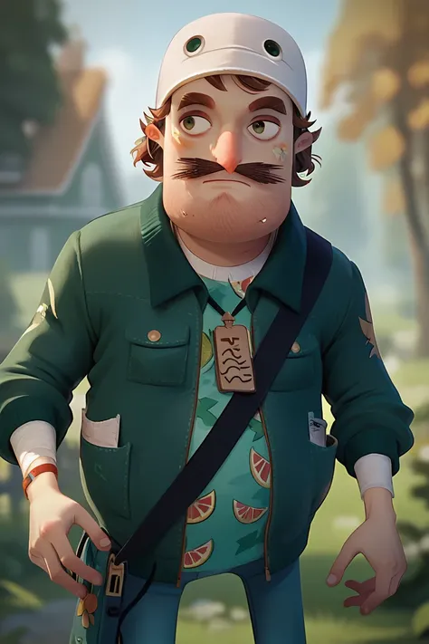 score_9, score_8_up, score_7_up, best quality, masterpiece, absurdes, quentinhn, male focus, mustache, 1boy, facial hair, blurry background, hat, thick eyebrows, brown hair, blurry, outdoors, jacket, white headwear, green jacket, shirt, green shirt, multip...