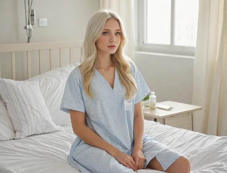 blonde woman sitting on a bed in a blue robe