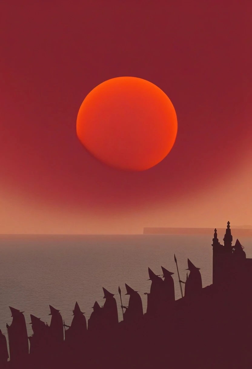 busy and crowded ancient city that slops towards a protected port, witches watching a full eclipse of a bright solid red featureless orb, ghosts rising from various spots in city, huge orange clouds in distance, novuschroma28 style