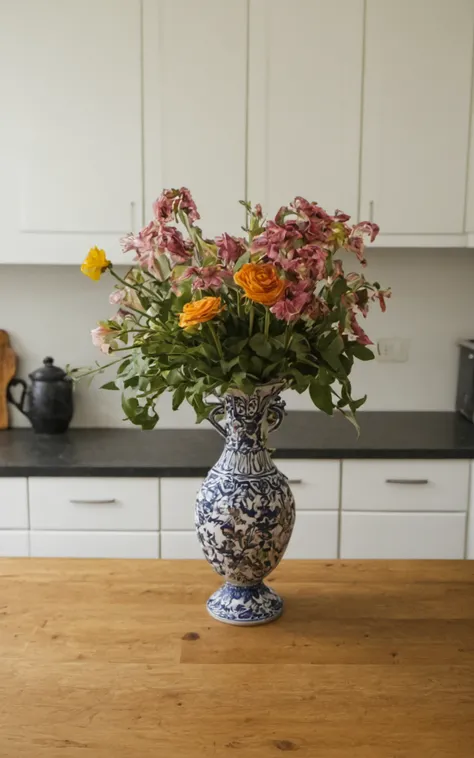 ornate vase filled with flowers on a kitchen table,