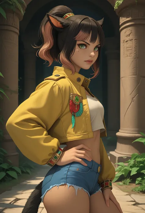 score_9, score_8_up, score_7_up BREAK solo, 1girl, xivmc, cat girl, animal ears, two-tone hair, green eyes, slit pupils, tail, yellow jacket, jean shorts, looking at viewer, from side, hand on hip, outdoors, aztec ruins <lora:clamXIVMC_locon-000001:1>