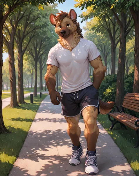 an anthro hyena male walking in a public park that is surrounded by trees, there is a park bench to the right of the path, he is wearing jogging shorts and a t-shirt, masterpiece, hi_res, (fully clothed), solo, shoes, furgonomics