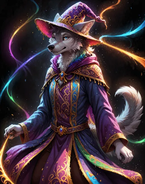 an anthro wolf male wearing a ornate colorful cloak on a black background, the cloak is very colourful and the colours on it are illuminating and creating beams of colorful light around the scene, masterpiece, hi_res, (fully clothed), wizard hat, (colourfu...