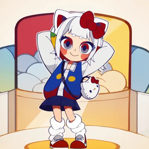 score_9, score_8_up, score_7_up BREAK HKGrl, 1girl, white hair, white bob cut, red gray eyes, pink cheeks, red hair bow, apple hairclips, white red cat ears, open white blue red yellow-button jacket, white buttoned undershirt, pleated dark blue skirt, long...