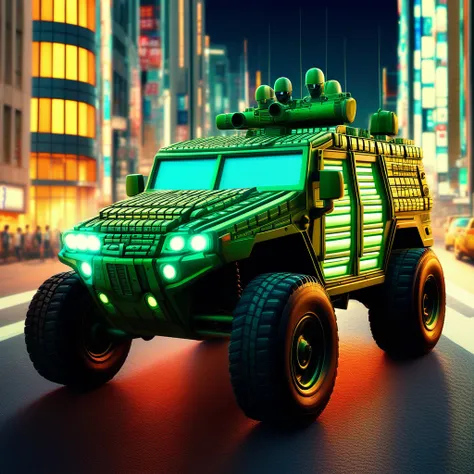 skyscraper, glowing eyes, military vehicle, street, neon lights, 6+boys, mug, building, motor vehicle