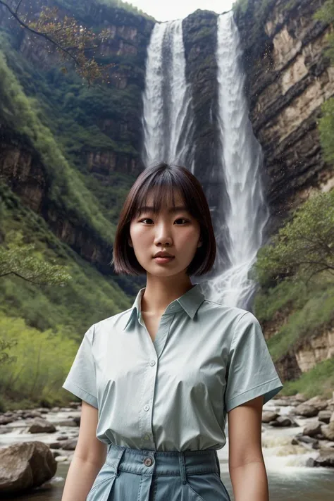 Asian woman, closeup, (shirt), pants, (glenwood canyon), (), (), KM_christina, wide shoulders, perfect face, (contact iris: 1.1), pale skin, skin pores , depth of field