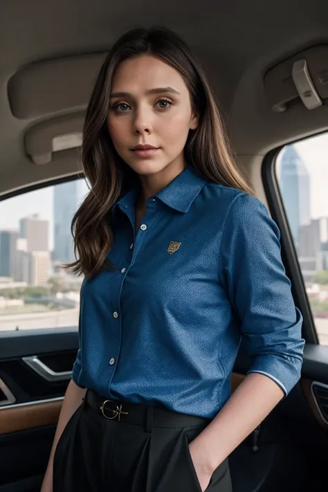 photo of El1z4b3thOls3n_HM-140, a woman, perfect hair, (modern photo), wearing blue polo shirt, khaki pants, light blue vest, 85mm standard (analog, cinematic, film grain:1.3), Future Metropolis, Sprawling cityscape of towering skyscrapers, advanced transp...