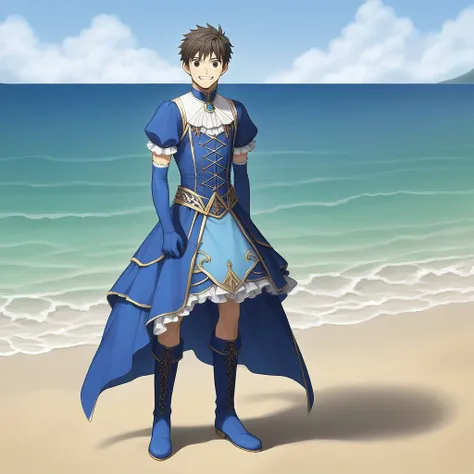 score_9, score_8_up, score_7_up, score_6_up, score_5_up, score_4_up, zPDXL2,source_anime,rating_questionable,solo, 1boy, ocean, beach, looking at viewer, smile, <lora:Magical_Girl_Outfit:0.6> mag1caloutf1t, blue outfit, jewelry, elbow gloves,  puffy sleeve...