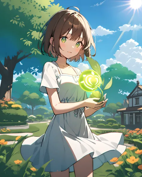 1girl, cowboy shot, standing, short hair, brown hair, green eyes, white dress, short sleeves, holding dendroculus, outdoors, garden, cloud, blue sky, sunlight <lora:Dendroculus:0.6>