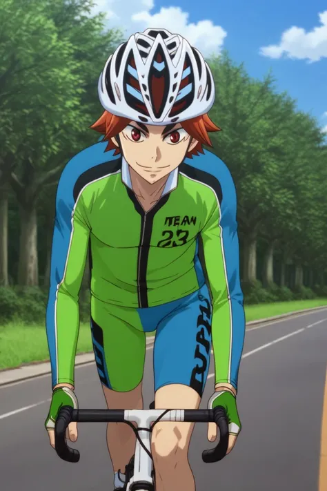 score_9, score_8_up, score_7_up, score_6_up, detailed, intricate details, highres, absurdres ,source_anime, cowboy shot, issa kaburagi, orange hair, orange eyes, SPORTSWEAR, track jacket, bicycle, helmet, solo, fingerless gloves, gloves, 1boy, male focus, ...