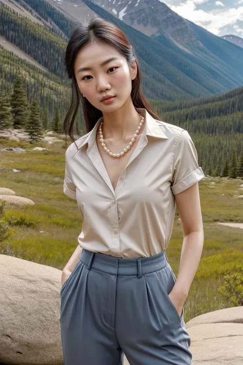 Asian woman, closeup, (shirt), pants, (rocky mountain national park), pearl necklace , (), KM_xiang, wide shoulders, perfect face, (contact iris: 1.1), pale skin, skin pores , depth of field