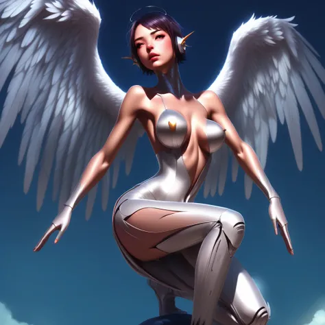 claws, angel wings, aircraft, colored skin, nipples, 1girl, glowing, sitting, looking up, short hair, flying