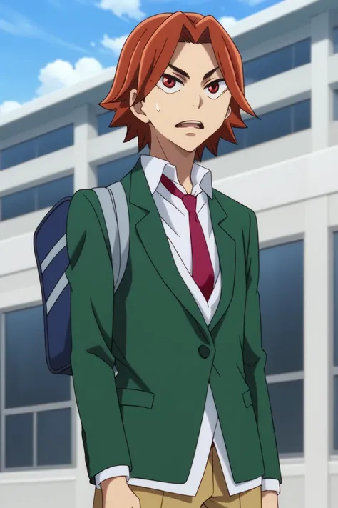 score_9, score_8_up, score_7_up, score_6_up, detailed, intricate details, highres, absurdres ,source_anime, cowboy shot, issa kaburagi, orange hair, orange eyes, school uniform, green blazer, 1boy, male focus, solo, necktie, sweatdrop, bag, open mouth, sch...