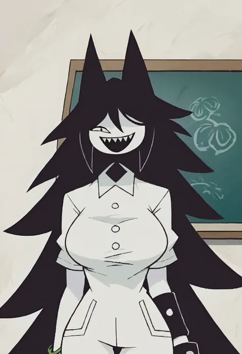 score_9,score_9_up, score_8_up, score_7_up, score_6_up, score_5_up,<lora:miss_circle:1>,1girl,black hair,bracelet,cat ears,chalkboard,hair over one eye,large breasts,long hair,looking at viewer,miss_circile,monochrome,open mouth,plant,sharp teeth,shirt,sim...