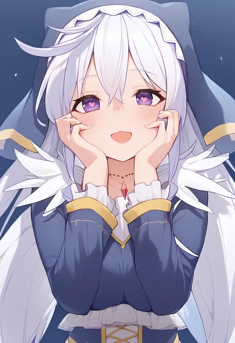 1girl, 
eris (konosuba),  
looking at viewer, habit, hair between eyes, smile, holding, heart, open mouth, frills, simple background, heart-shaped pupils, cross necklace, cross, :d, long sleeves, symbol-shaped pupils, purple eyes, blue background, hands on...