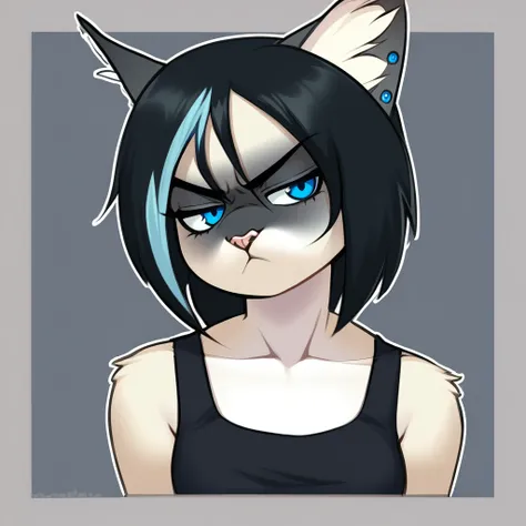 1girl, anthro siamese cat, black hair, straight hair, medium hair, blue eyes, black tank top, grumpy, portrait, posing