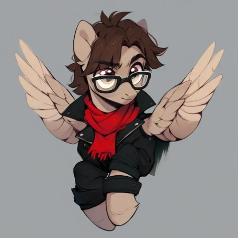 score_9, score_8_up, score_7_up, score_6_up, score_5_up, score_4_up, solo, male, stallion, pony, pegasus, tan pegasus, tan body, brown hair, wings, glasses, black moto jacket, red scarf,