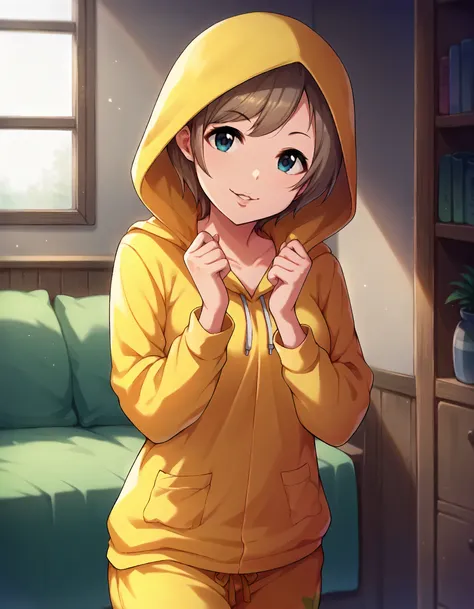 score_9,score_8_up,score_7_up,1girl,solo,cowboy shot,looking at viewer,smile,parted lips,indoors,
<lora:manakamisato_ponyXLV6:0.8>,cgmms,brown hair,short hair,blue eyes,
yellow hooded pajamas,hood up