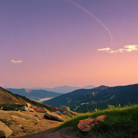 score_9, score_8_up, score_7_up, a beautiful summer landscape with mountains and ruins in the distance, river, trees, grass, rock, blue sky, clouds, photo, realistic