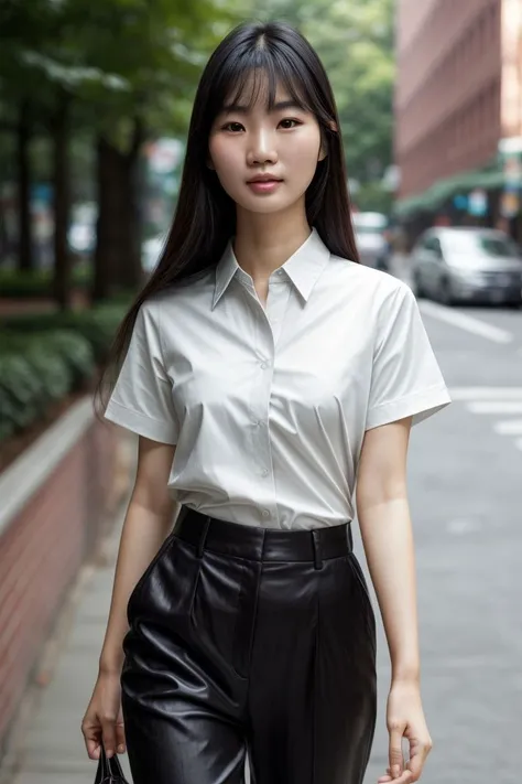 Asian woman, closeup, (shirt), pants, (streets of boston), (), (), KM_christina, wide shoulders, perfect face, (contact iris: 1.1), pale skin, skin pores , depth of field