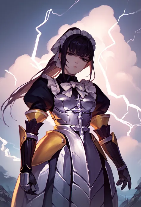 score_9, score_8_up, score_7_up, solo, 1girl, narberalgamma, serious, looking at viewer, ponytail, maid headdress, armored dress, breasplate, puffy sleeves, gloves, gauntlets, lightning, cloud, outdoors