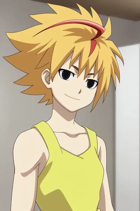 score_9, score_8_up, score_7_up, score_6_up, detailed, intricate details, highres, absurdres ,source_anime, cowboy shot, free de la hoya, multicolored hair, blonde hair, red hair, black eyes, yellow tank top, 1boy, male focus, solo, parody, smile, style pa...