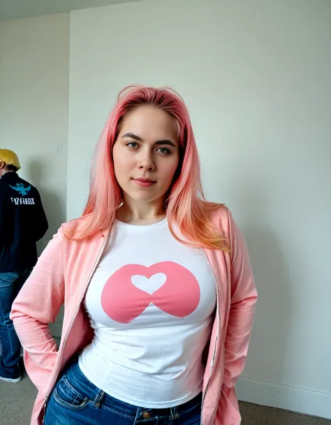 score_9,score_8_up,score_7_up,realistic,1girl,<lora:Linnea_MuscleMommyCosplays:1>,linneamusclemommycosplays,cosplay,looking at viewer,blonde hair,pink hair,jeans,tshirt,jacket,