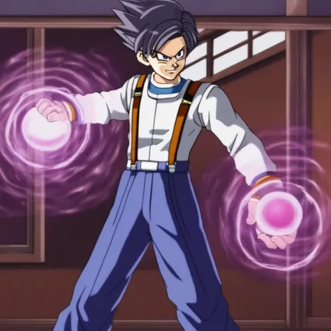 solo, suspenders, male focus, energy ball, serious, short hair, smile, fighting stance, from behind, window