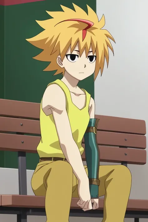 score_9, score_8_up, score_7_up, score_6_up, detailed, intricate details, highres, absurdres ,source_anime, cowboy shot, free de la hoya, multicolored hair, blonde hair, red hair, black eyes, yellow tank top, bench, sitting, solo, 1boy, tank top, streaked ...