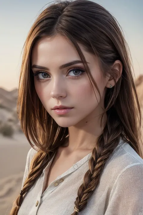 closeup headshot of S477_KseniaKokoreva,a beautiful woman,in a (desert:1.1),wearing a (shirt),(braid),(4k, RAW photo, best quality, 50mm, depth of field, ultra high res:1.1),(intricate, photorealistic, cinematic-shot, masterpiece, ultra-detailed:1.1),