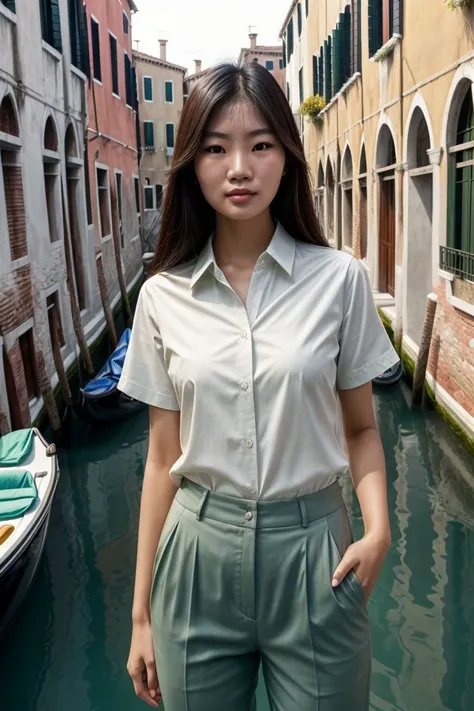 Asian woman, closeup, (shirt), pants, (venice canals), (), (), KM_christina, wide shoulders, perfect face, (contact iris: 1.1), pale skin, skin pores , depth of field