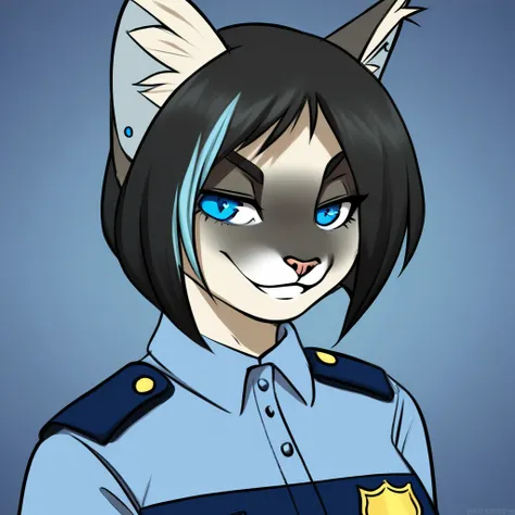 1girl, anthro siamese cat, black hair, straight hair, medium hair, blue eyes, police uniform, smiling, portrait, posing