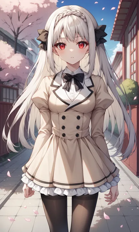 score_9, score_8_up, score_7_up, score_6_up, score_5_up, score_4_up, BREAK source_anime, 1girl, solo, outdoors, street, cherry blossoms, cowboy shot, looking at viewer, sakurakouji, red eyes, pale skin, white hair, long hair, braid, hair bow, black bow, li...